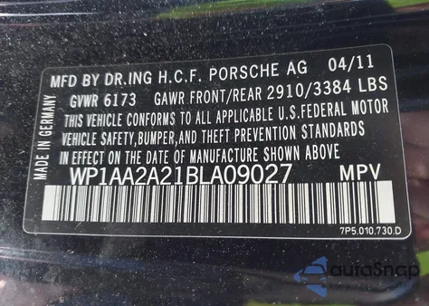 2011 Porsche Cayenne из США, поврежденный, VIN WP1AA2A21BLA09027